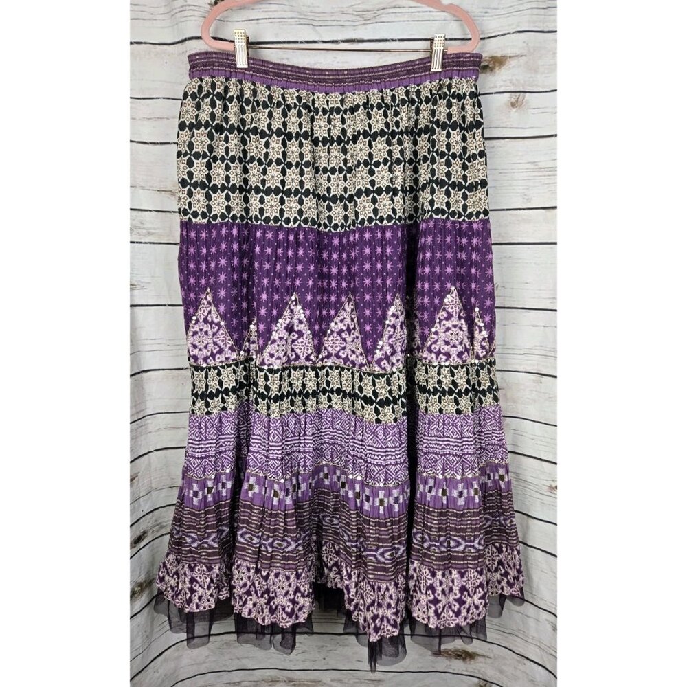 Purple Floral Crinkle Peasant Skirt 20W Midi Sequins Festival Tiered Denim 24/7